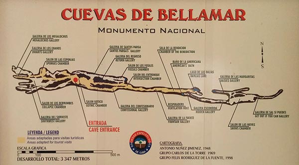 Mapa de las Cuevas de Bellamar con las principales galerías y salones
