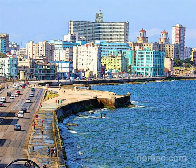 Paisaje del Malecón de la Habana y al fondo los edificios del Vedado