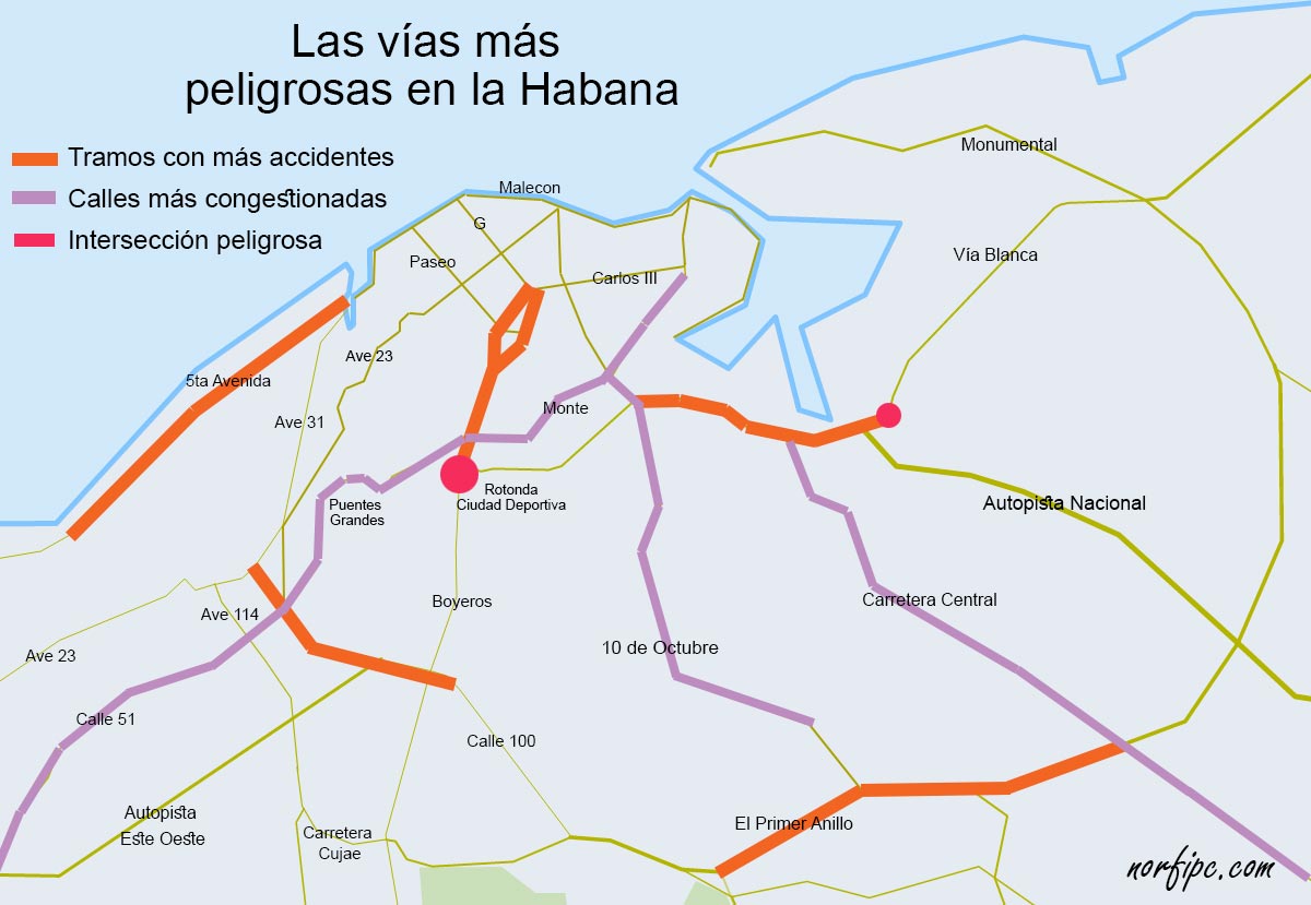 Mapa con las vías, calles y los tramos más peligrosos en la Habana