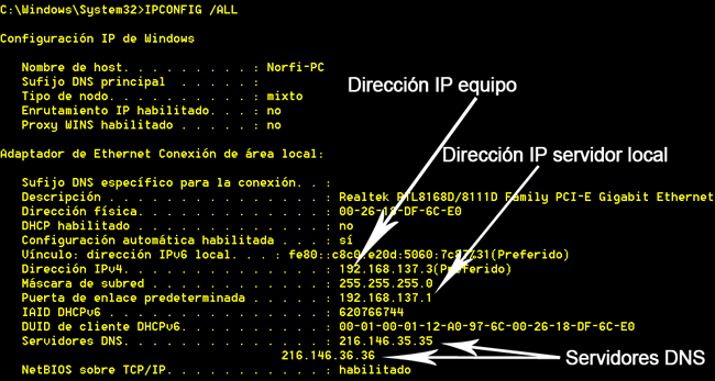 Usar el comando IPCONFIG para conocer la dirección IP en una conexión local y los servidores DNS