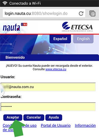 Ventana de autentificación de Nauta, el servicio de ETECSA para conectarse a internet