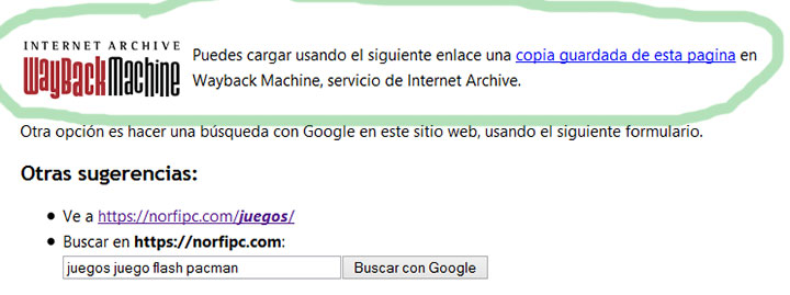 Página de Error 404 con un enlace a Wayback Machine con el mensaje en español